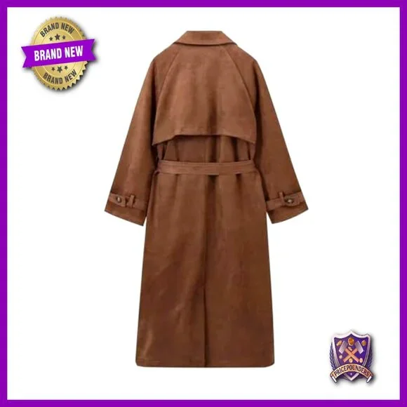 Faux Suede Trench Coat Double Breasted Belted Pea Coat Elegant Classic Chic